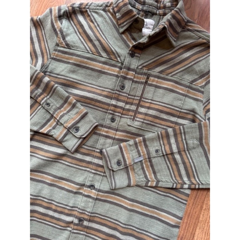 Ascend Finn Shirt Mens SML Long Sleeve Button‎ Striped Zip Pocket Green Cotton